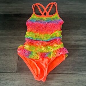 Toddler fluorescent metallic like multicolor rainbow crisscross strap swimsuit